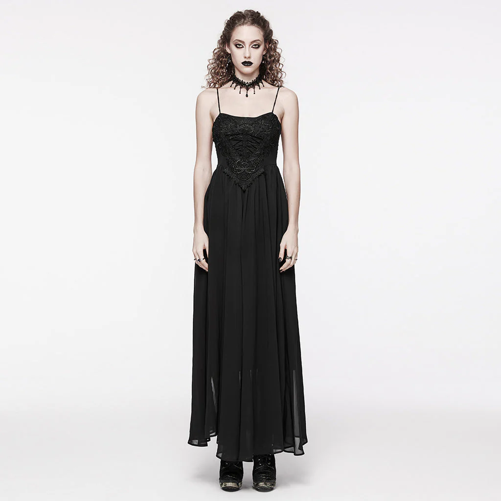 WQ-693LQF Elegant Lace-Trimmed Gothic Dress with Flowy Chiffon Layers