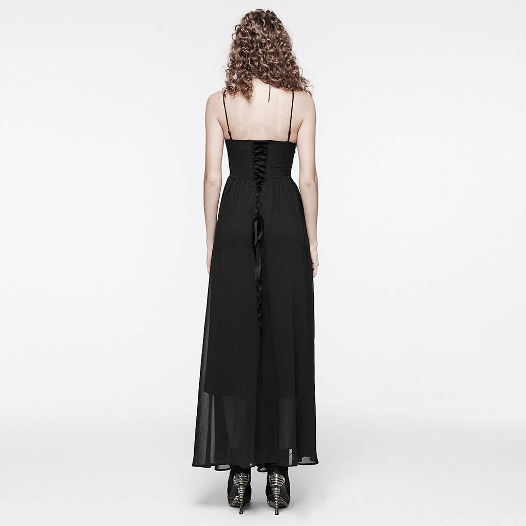 WQ-693LQF Elegant Lace-Trimmed Gothic Dress with Flowy Chiffon Layers - Image 4