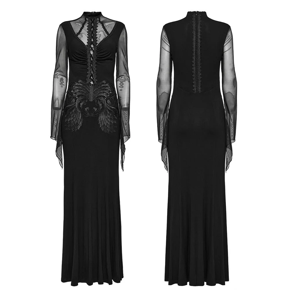 WQ-697LQF Elegant Gothic Dress Sheer Sleeves Lace-up Back Design - Image 6
