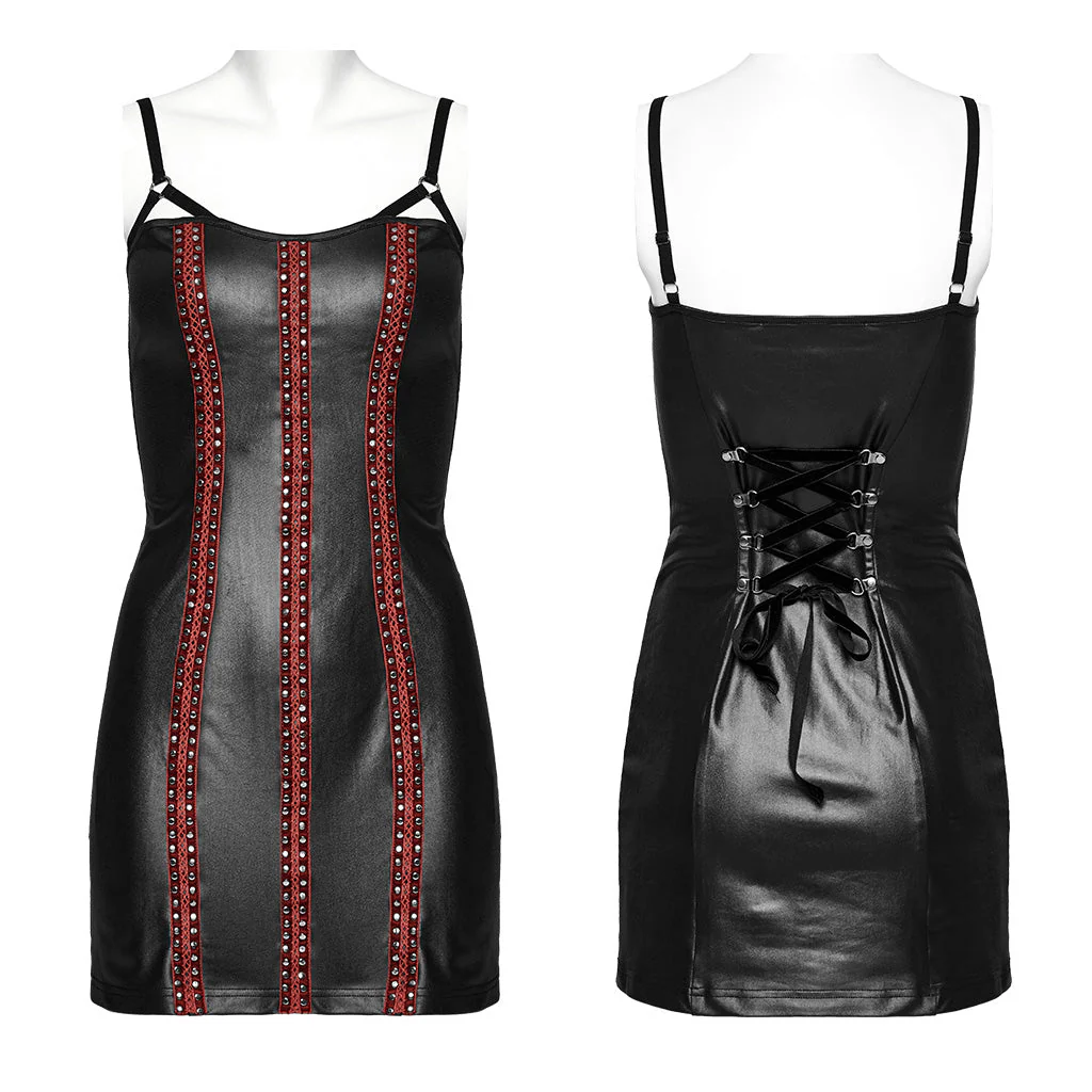 WQ-699LQF Gothic Glam black-Red Strappy Studded Punk Dress - Image 24
