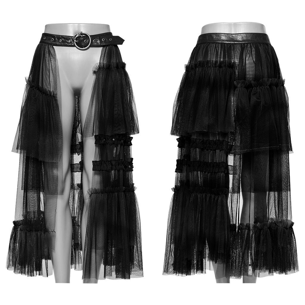 WQ-704BQF Gothic Mesh Layered Tulle Punk Skirt With Belt - Image 48