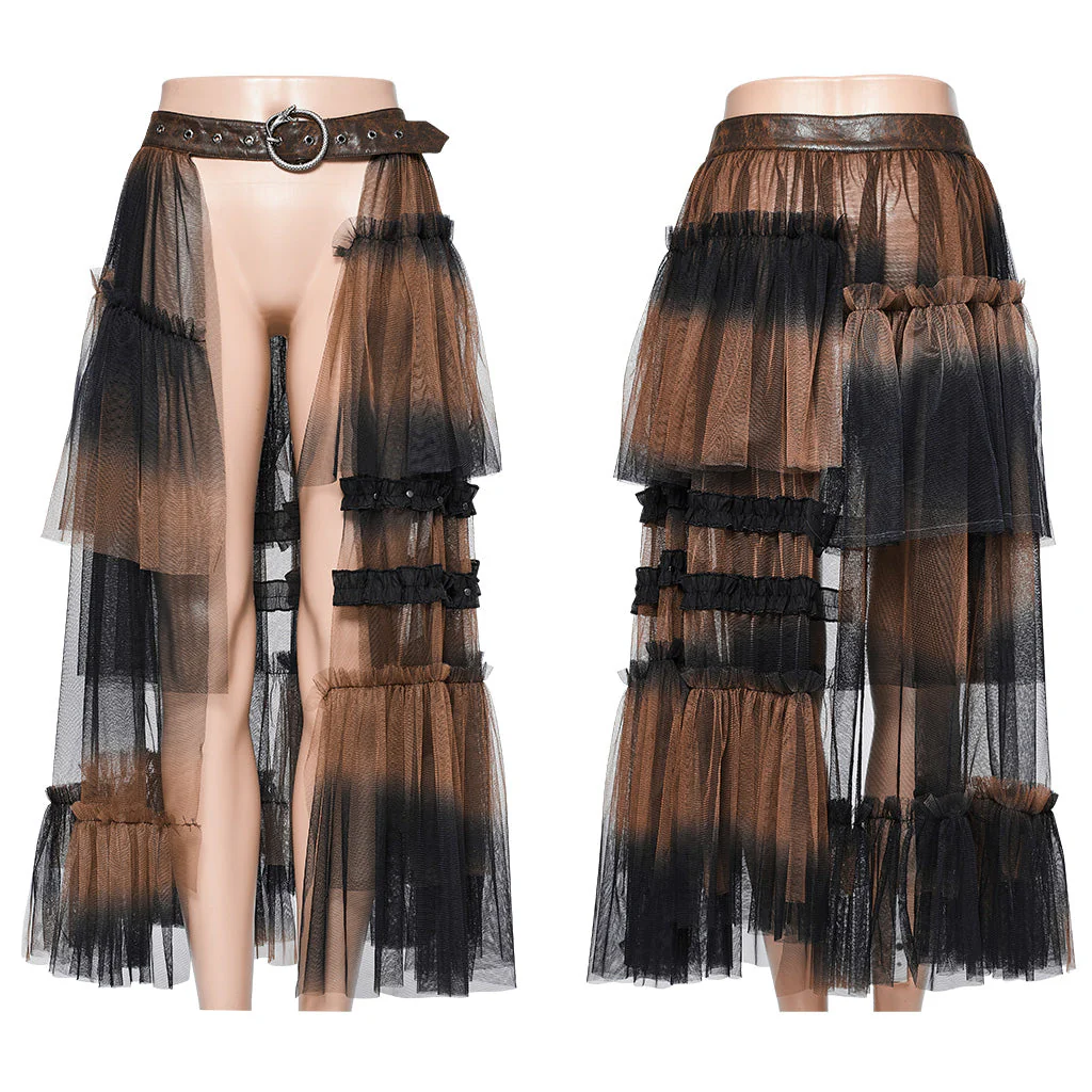 WQ-704BQF Gothic Mesh Layered Tulle Punk Skirt With Belt - Image 6