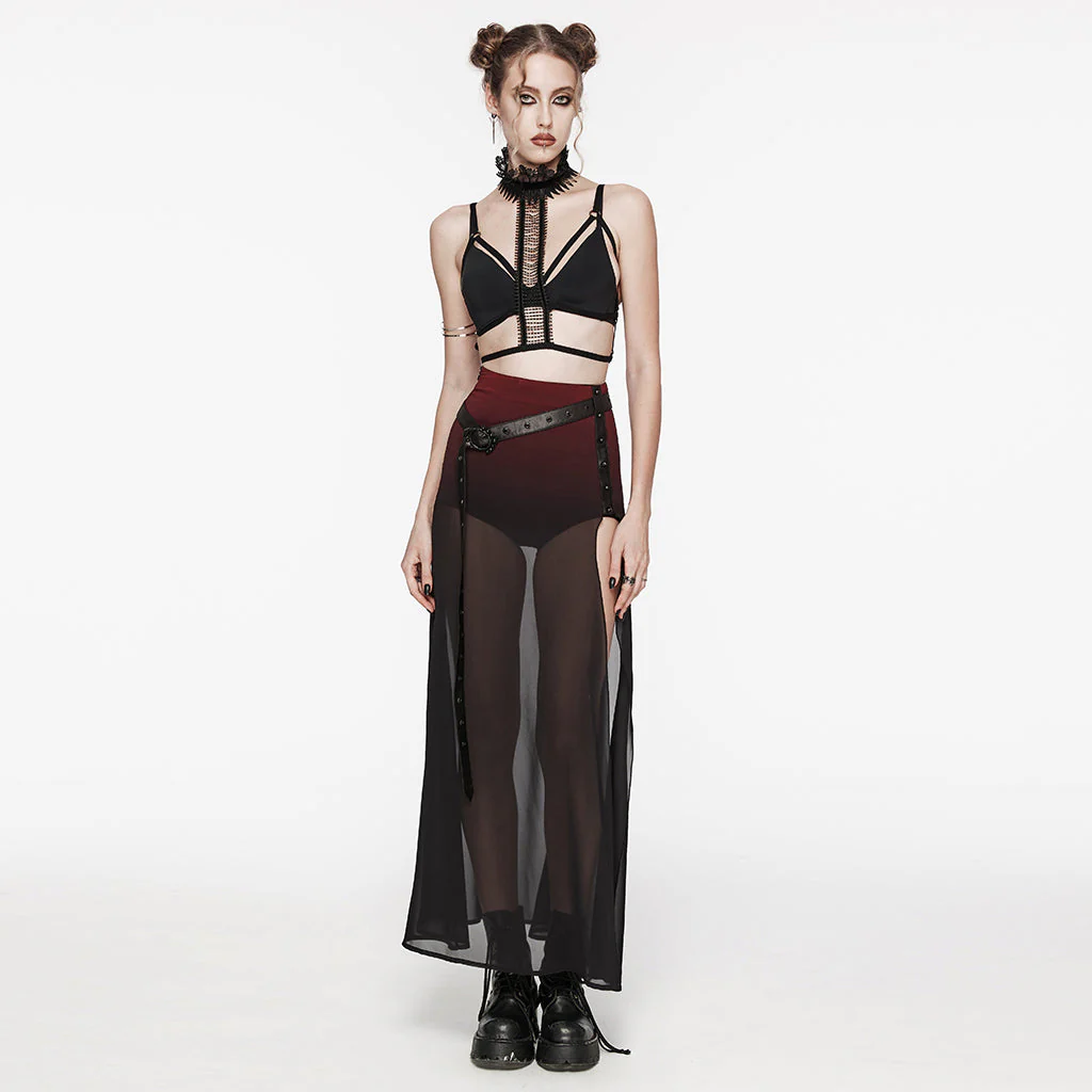 WQ-705BQF Sheer Gothic Skirt with Belted High-Waist Overlay - Image 19