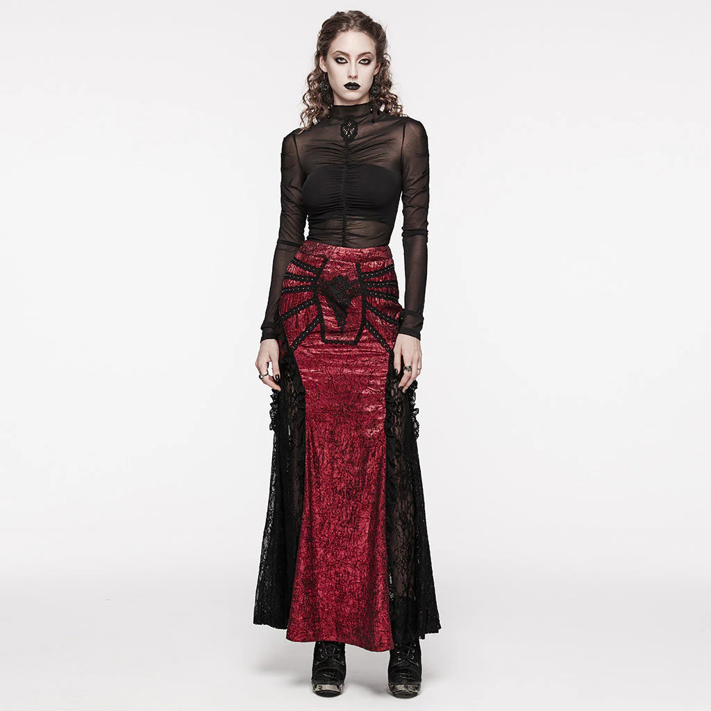WQ-706BQF Lace Embellished black Maxi Gothic Skirt with Ruffled Sides - Image 15