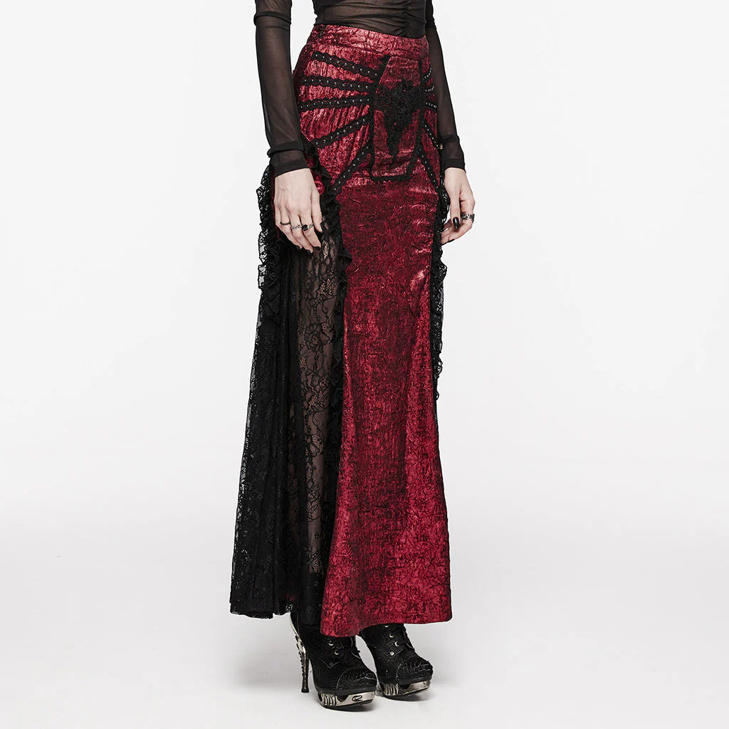 WQ-706BQF Lace Embellished black Maxi Gothic Skirt with Ruffled Sides - Image 17