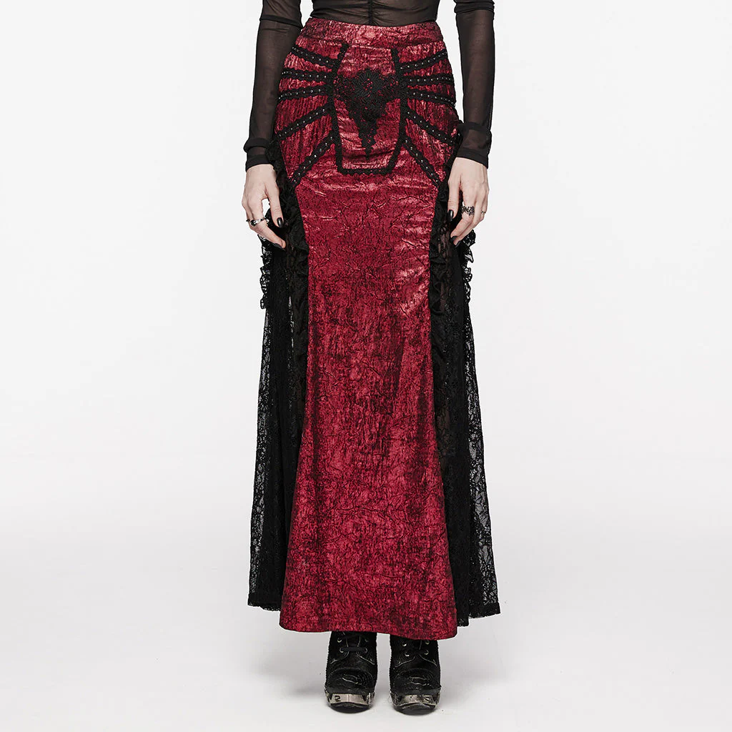 WQ-706BQF Lace Embellished black Maxi Gothic Skirt with Ruffled Sides - Image 18