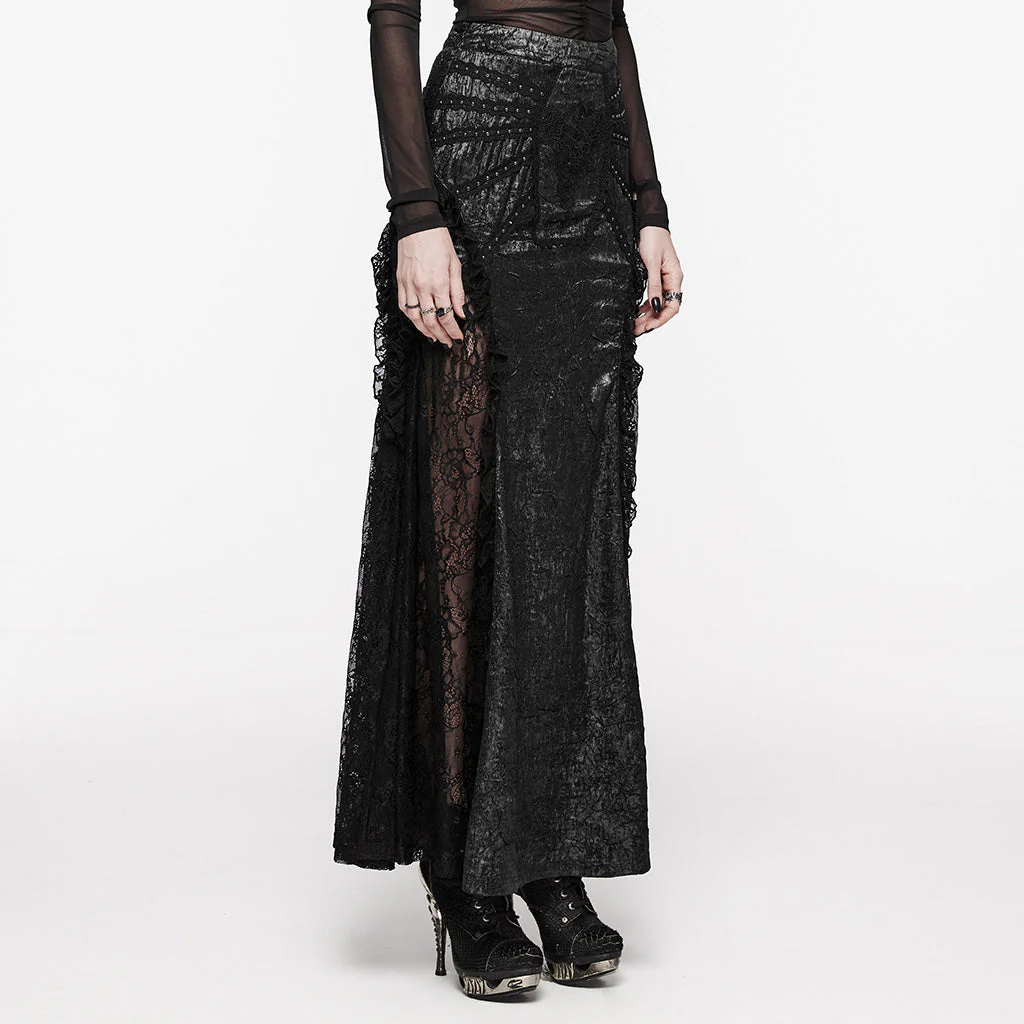 WQ-706BQF Lace Embellished black Maxi Gothic Skirt with Ruffled Sides - Image 2