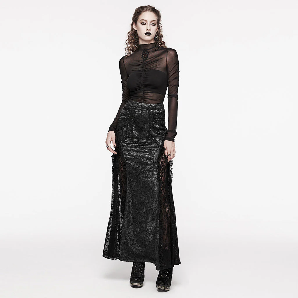 WQ-706BQF Lace Embellished black Maxi Gothic Skirt with Ruffled Sides - Image 22
