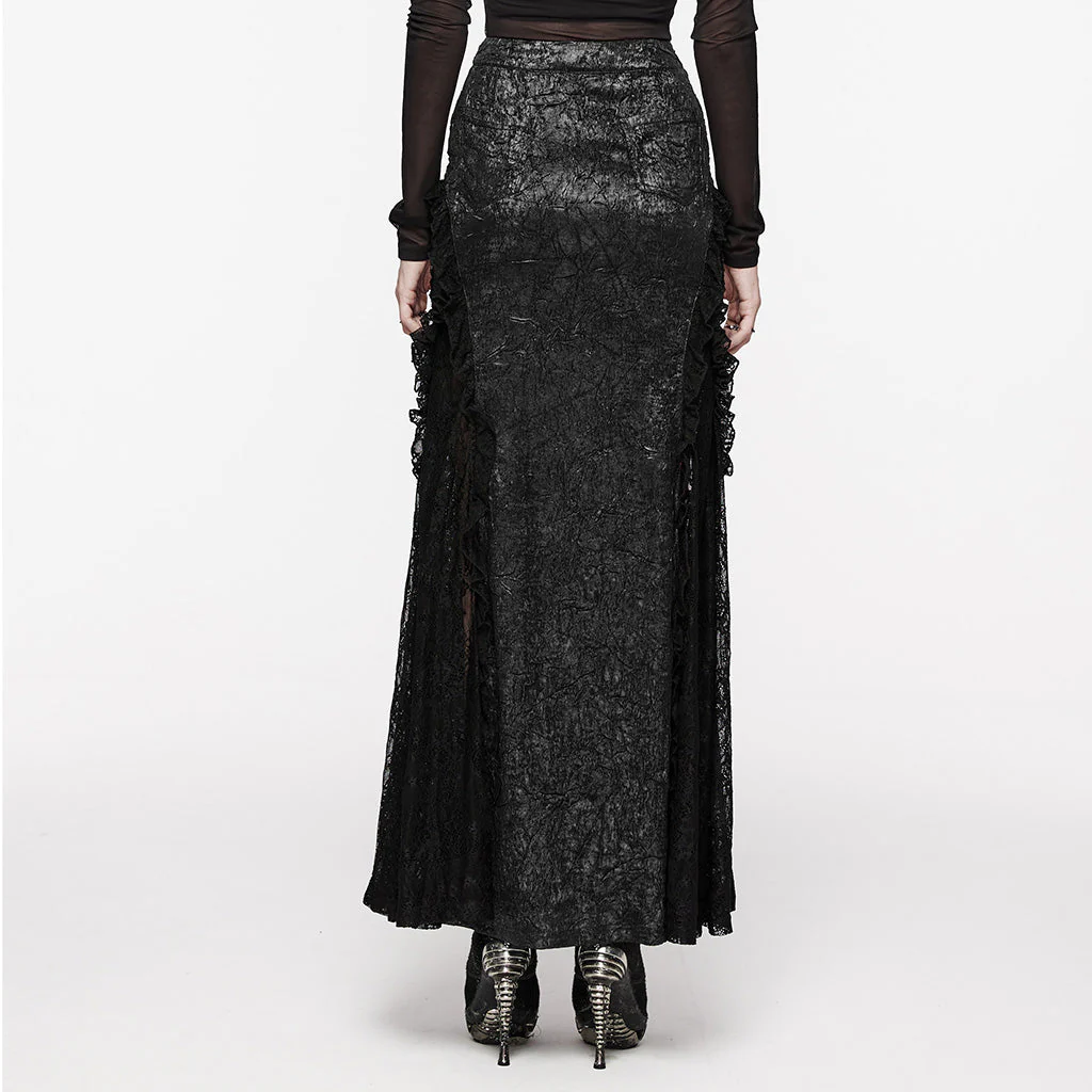 WQ-706BQF Lace Embellished black Maxi Gothic Skirt with Ruffled Sides - Image 3