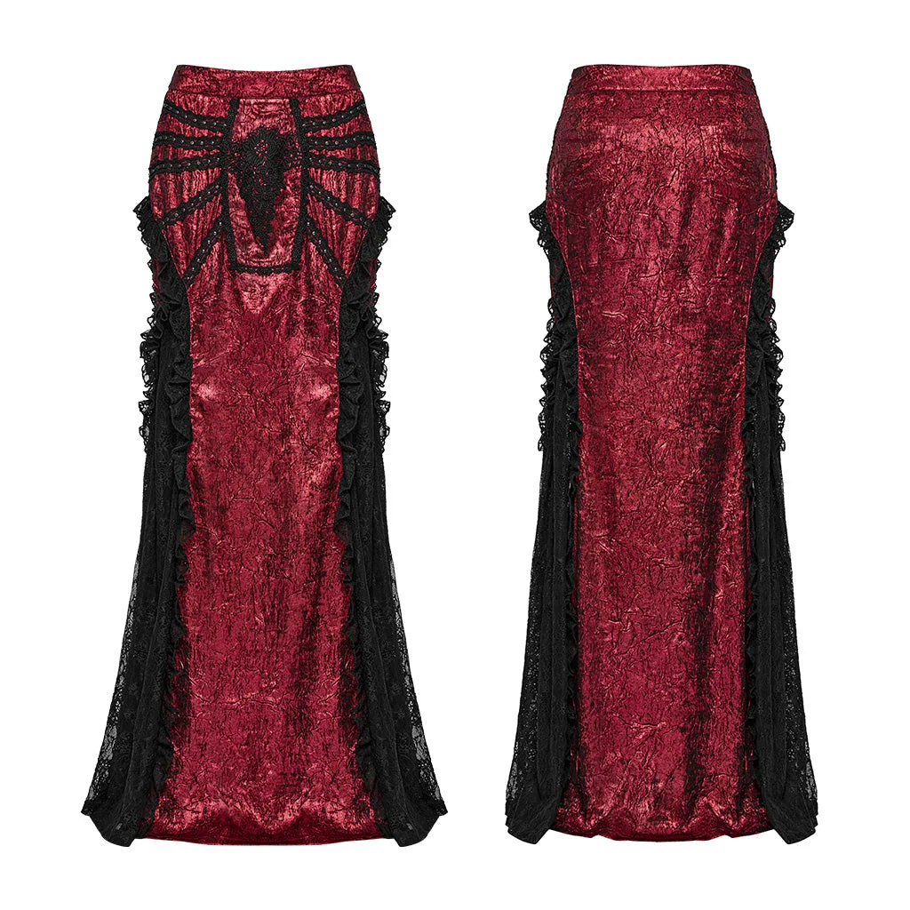 WQ-706BQF Lace Embellished black Maxi Gothic Skirt with Ruffled Sides - Image 32