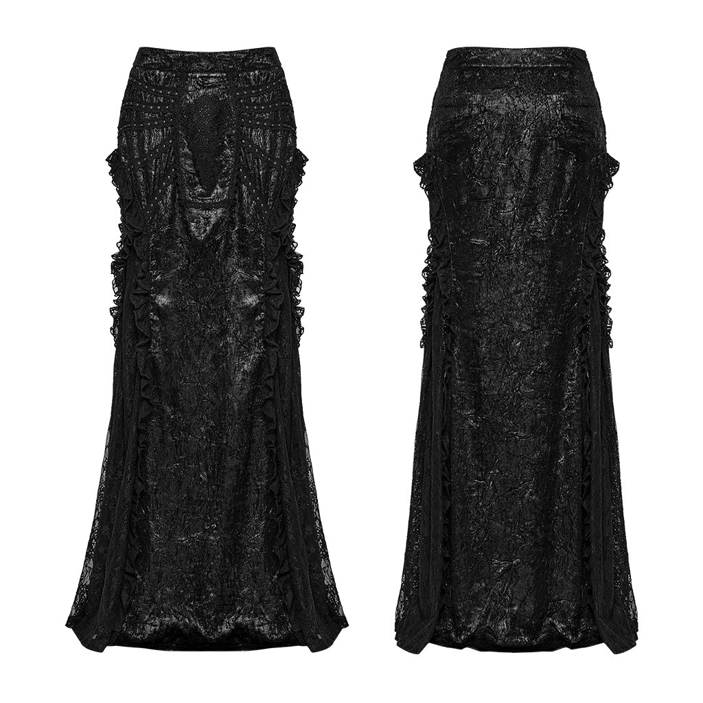 WQ-706BQF Lace Embellished black Maxi Gothic Skirt with Ruffled Sides - Image 5
