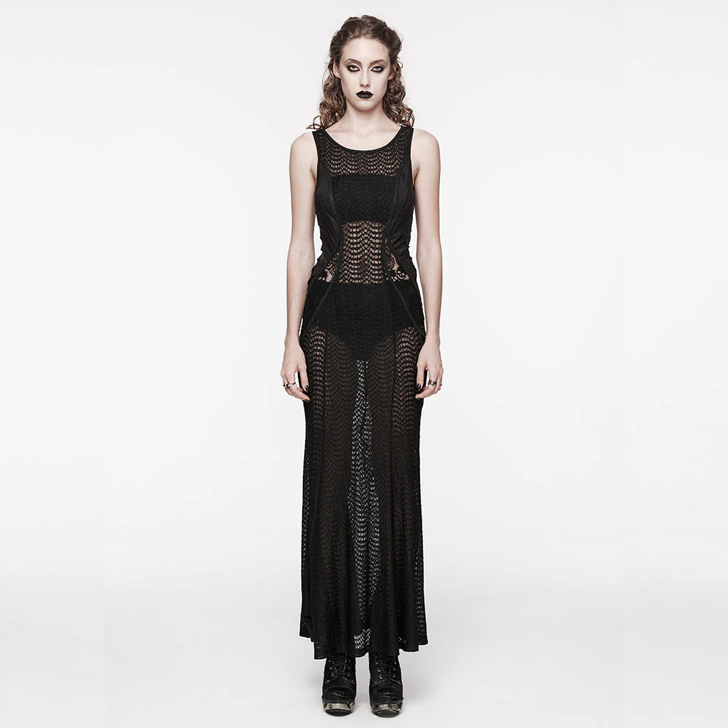 WQ-710LQF Sheer Lace Gothic Maxi Dress With Flared Hem Design