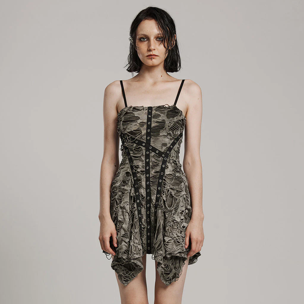 WQ-712LQF Vintage black Ruched Asymmetrical Punk Dress with Eyelet Details - Image 14