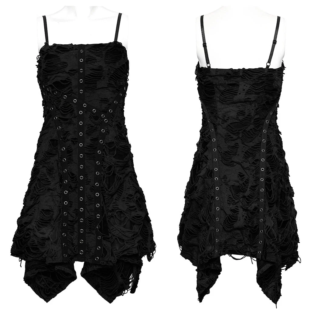 WQ-712LQF Vintage black Ruched Asymmetrical Punk Dress with Eyelet Details - Image 5