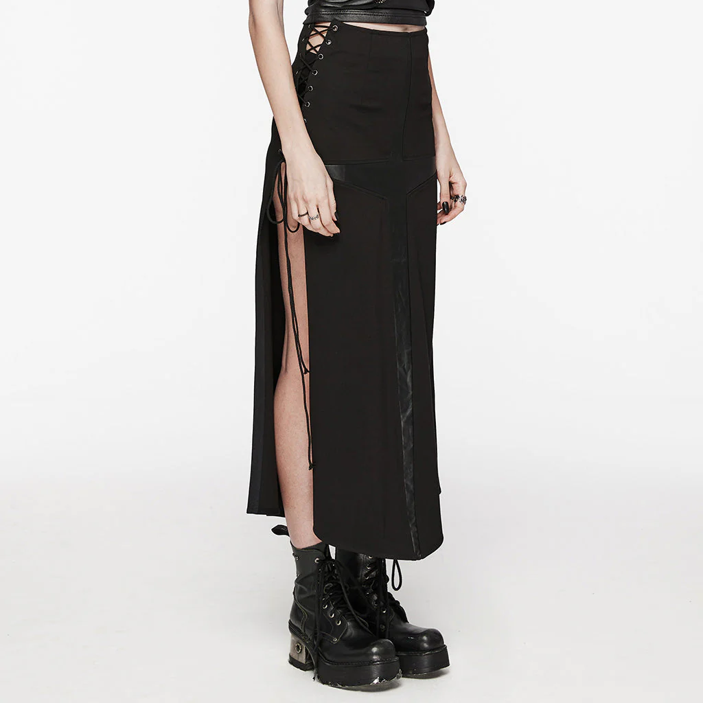 WQ-716BQF Edgy Cross-Detail Long Punk Skirt with Side Drawstrings - Image 3