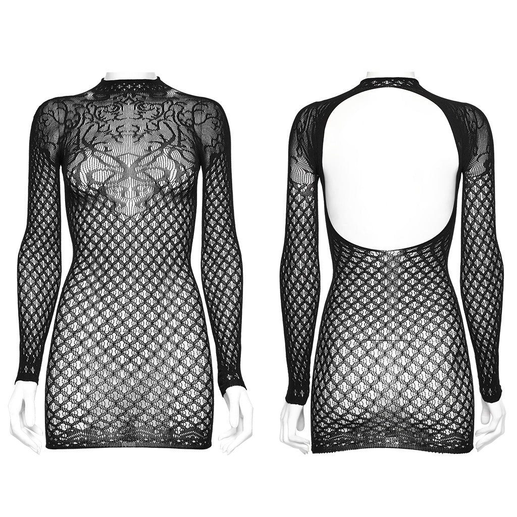 WQ-717LQF Black Mesh Gothic Dress Long Sleeve High Neck Lace Design - Image 6