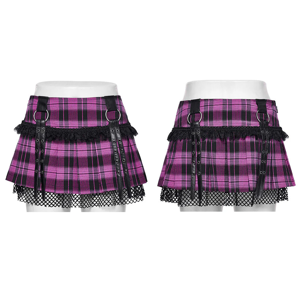 WQ-719BQF Plaid Punk Skirt with Studded Faux Leather and Mesh Trim - Image 22