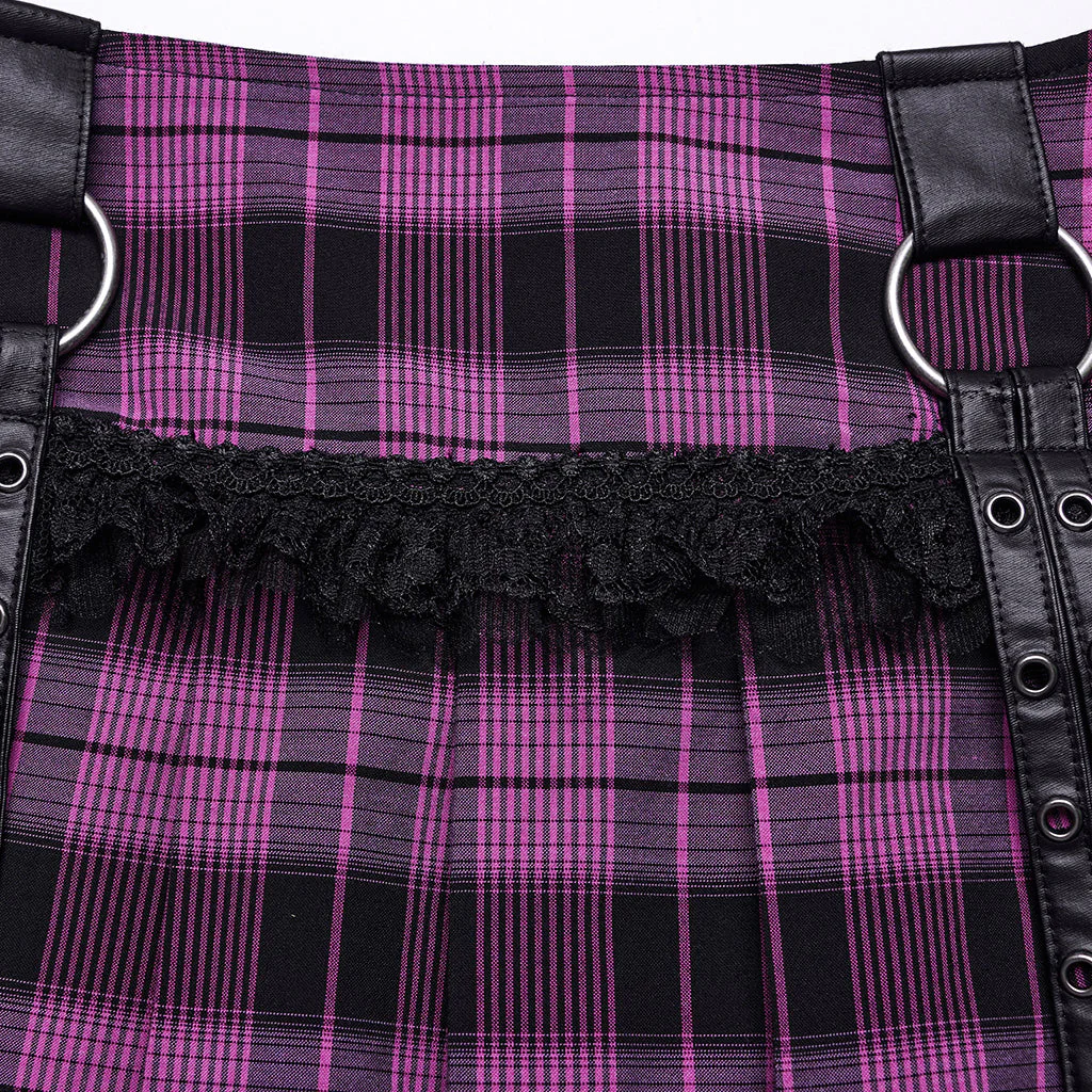 WQ-719BQF Plaid Punk Skirt with Studded Faux Leather and Mesh Trim - Image 7