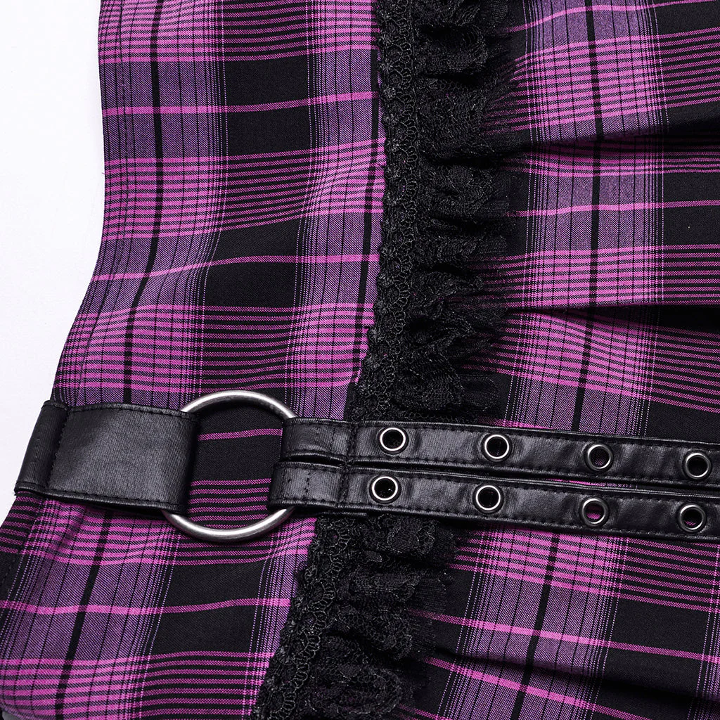 WQ-719BQF Plaid Punk Skirt with Studded Faux Leather and Mesh Trim - Image 8