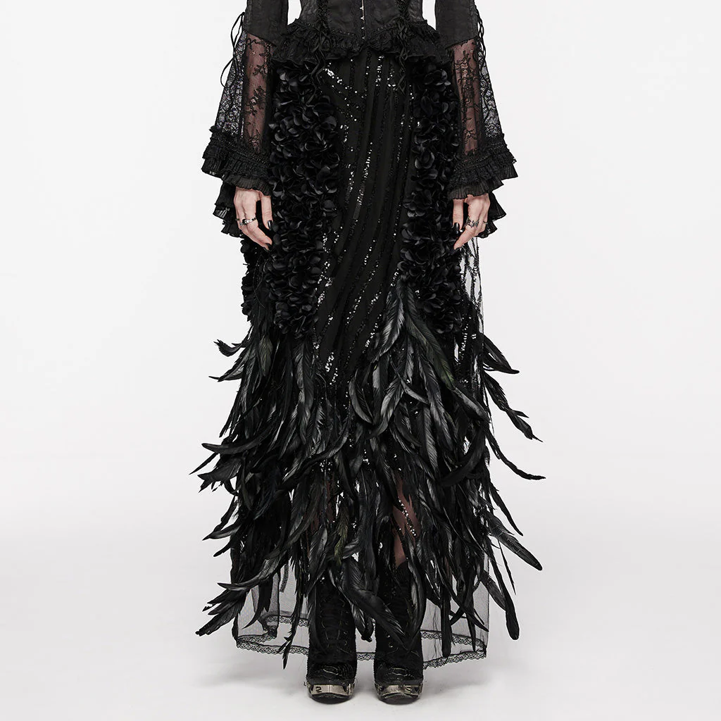 WQ-720BQF Elegant Feathered Gothic Dress with Lace Bell Sleeves - Image 11