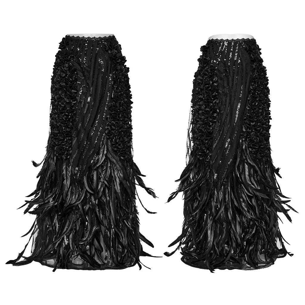 WQ-720BQF Elegant Feathered Gothic Dress with Lace Bell Sleeves - Image 16