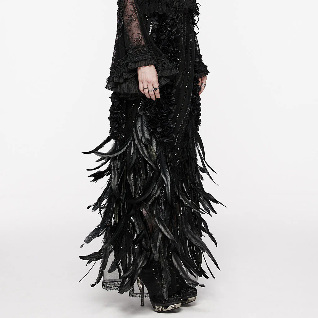 WQ-720BQF Elegant Feathered Gothic Dress with Lace Bell Sleeves - Image 3
