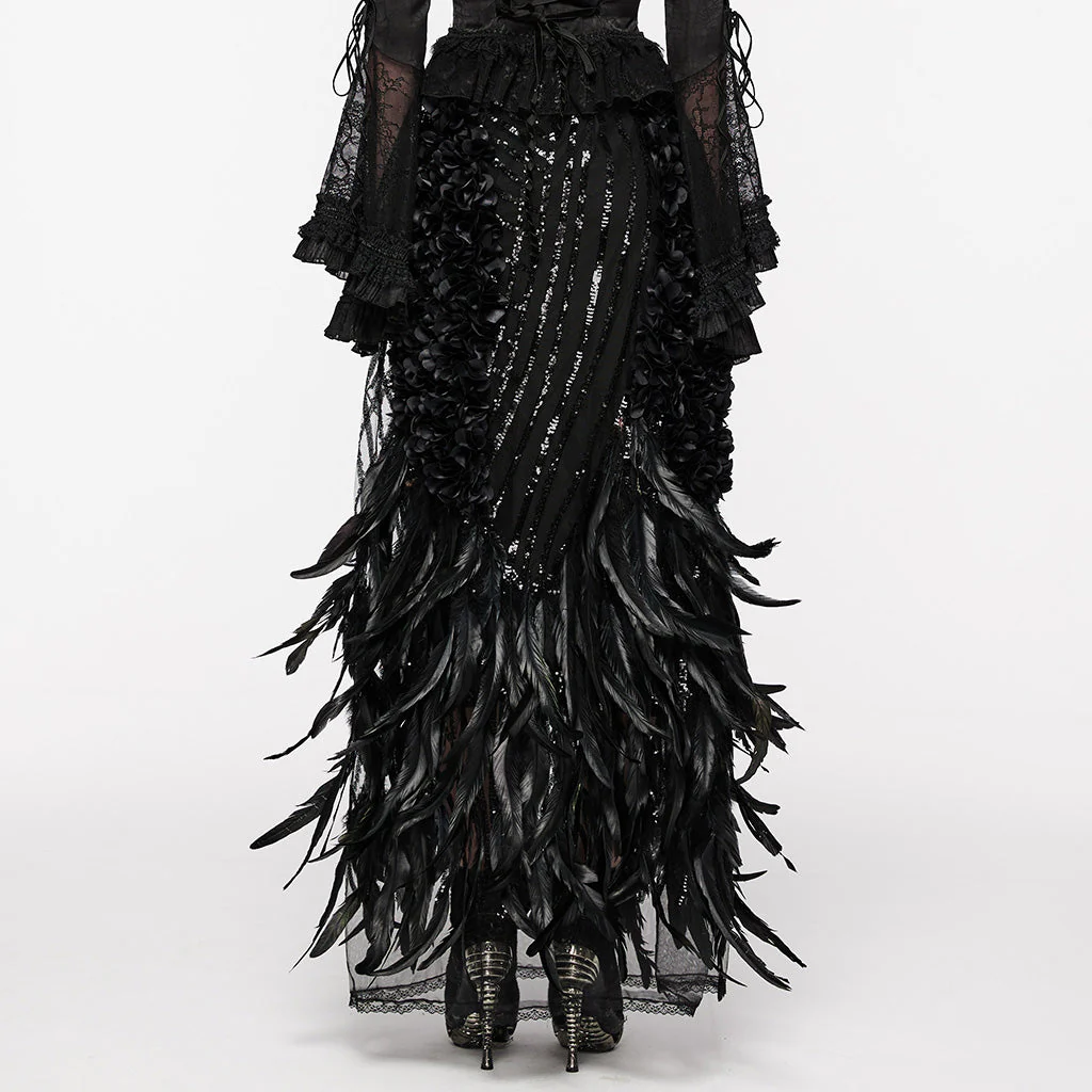 WQ-720BQF Elegant Feathered Gothic Dress with Lace Bell Sleeves - Image 4
