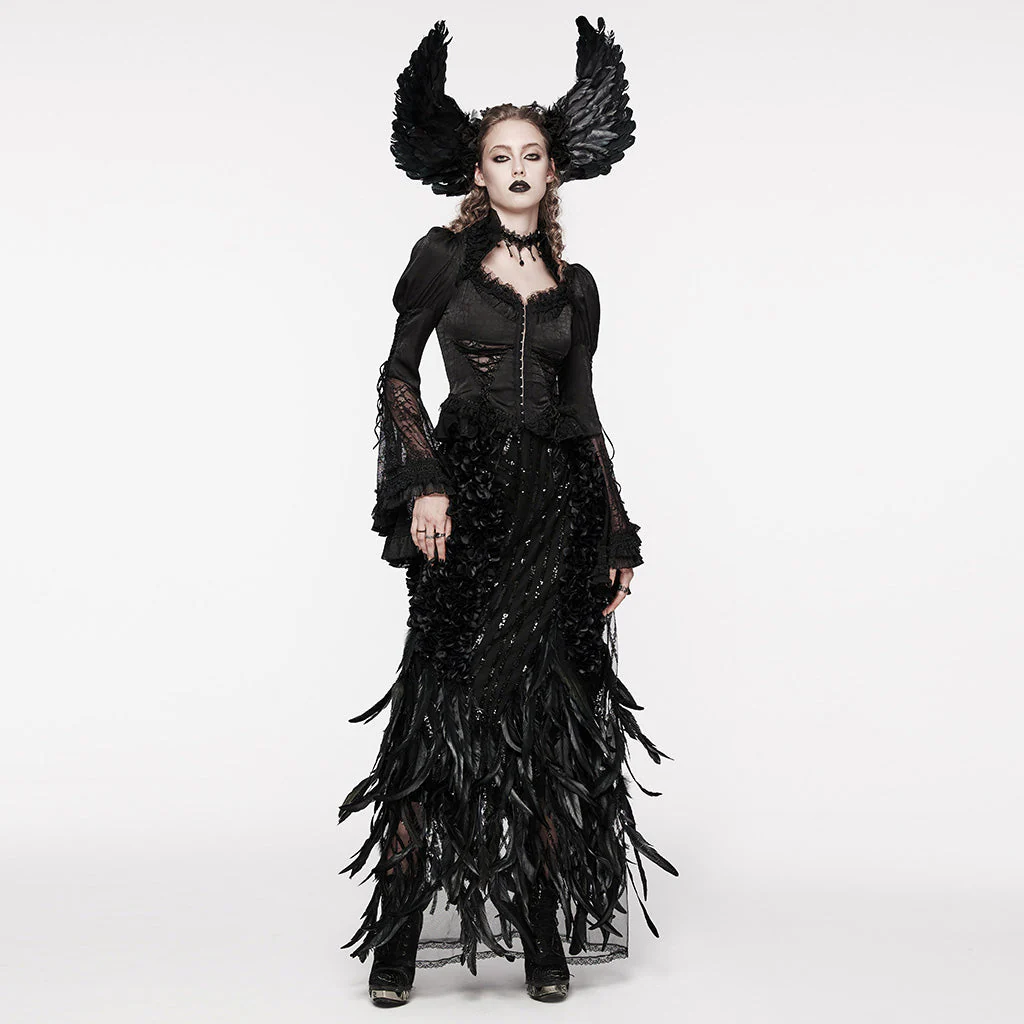 WQ-720BQF Elegant Feathered Gothic Dress with Lace Bell Sleeves - Image 5