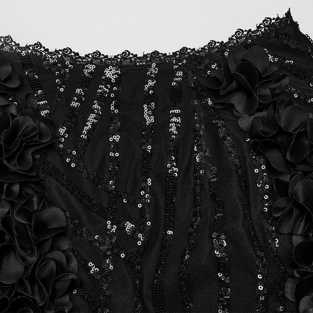 WQ-720BQF Elegant Feathered Gothic Dress with Lace Bell Sleeves - Image 7