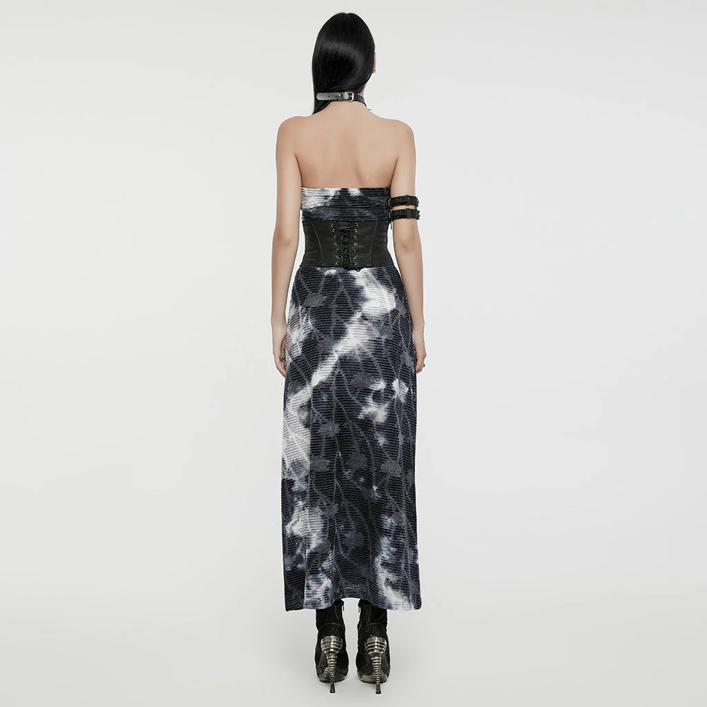 WQ-726LQF Gothic Strapless Long Dress Ruched black-red Mesh Design - Image 15