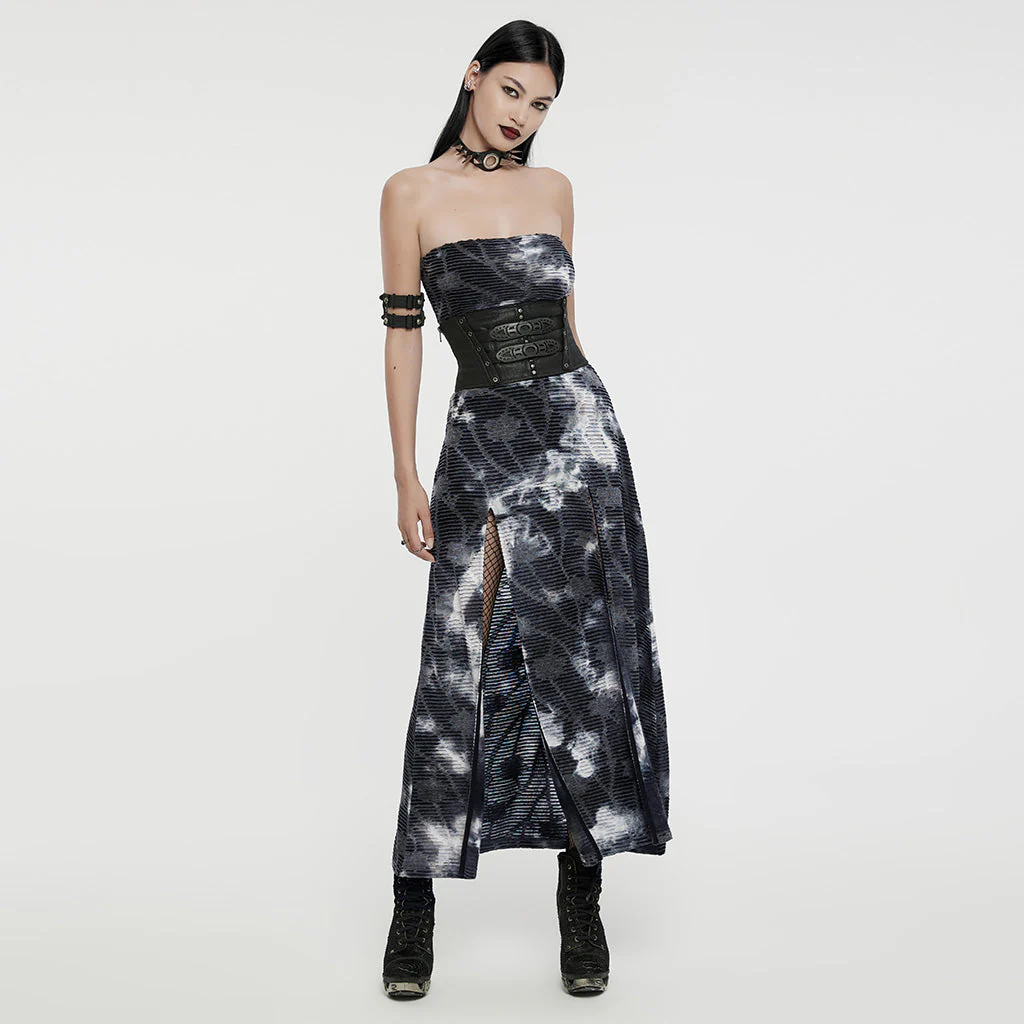 WQ-726LQF Gothic Strapless Long Dress Ruched black-red Mesh Design - Image 16