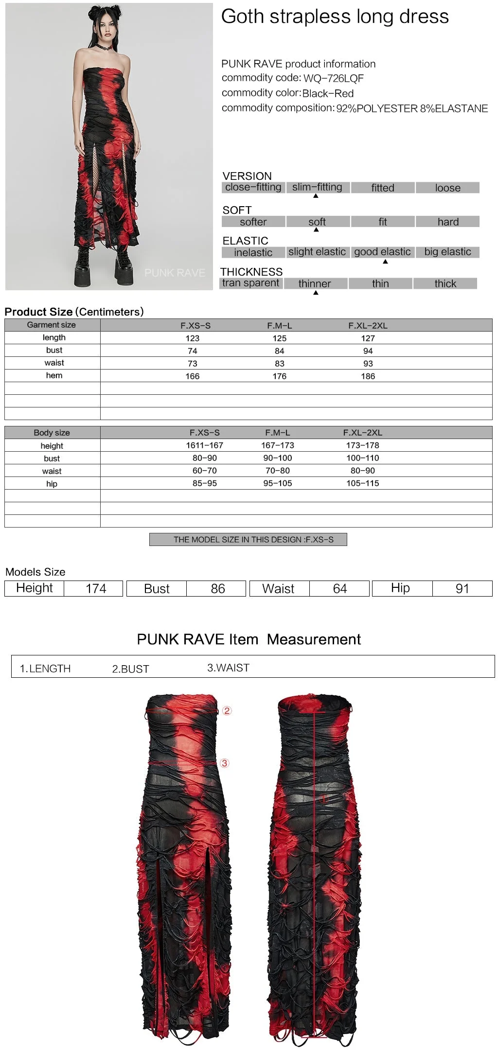 WQ-726LQF Gothic Strapless Long Dress Ruched black-red Mesh Design - Image 22