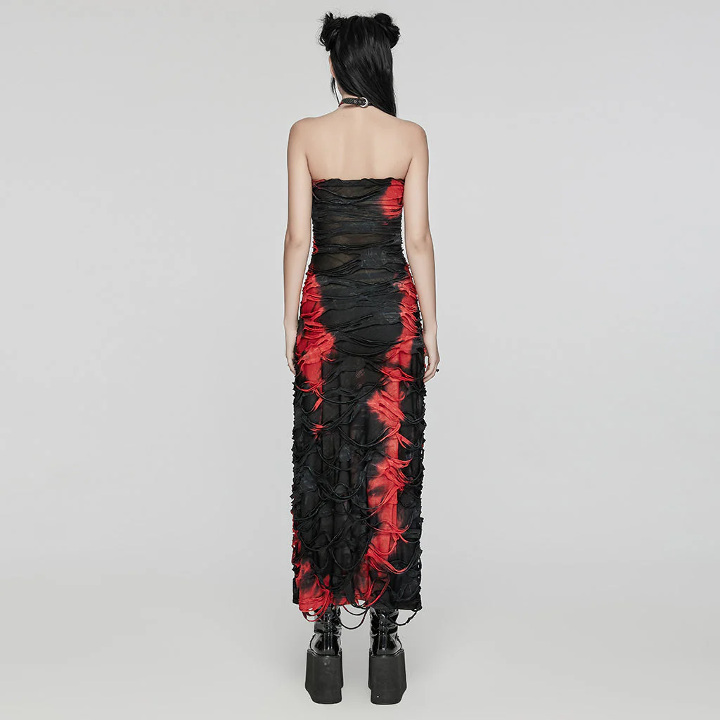 WQ-726LQF Gothic Strapless Long Dress Ruched black-red Mesh Design - Image 23