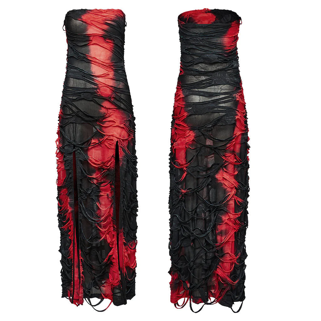 WQ-726LQF Gothic Strapless Long Dress Ruched black-red Mesh Design - Image 25