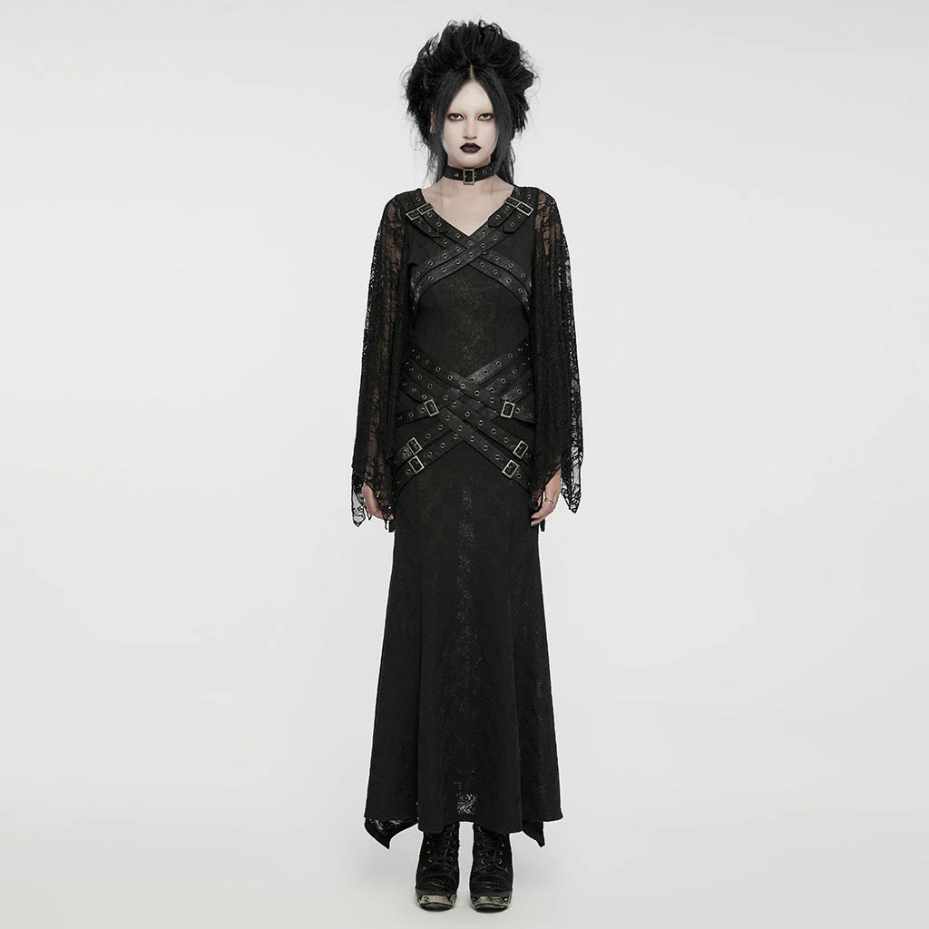 WQ-746LQF Gothic Lace Long Dress with Dramatic Batwing Sleeves