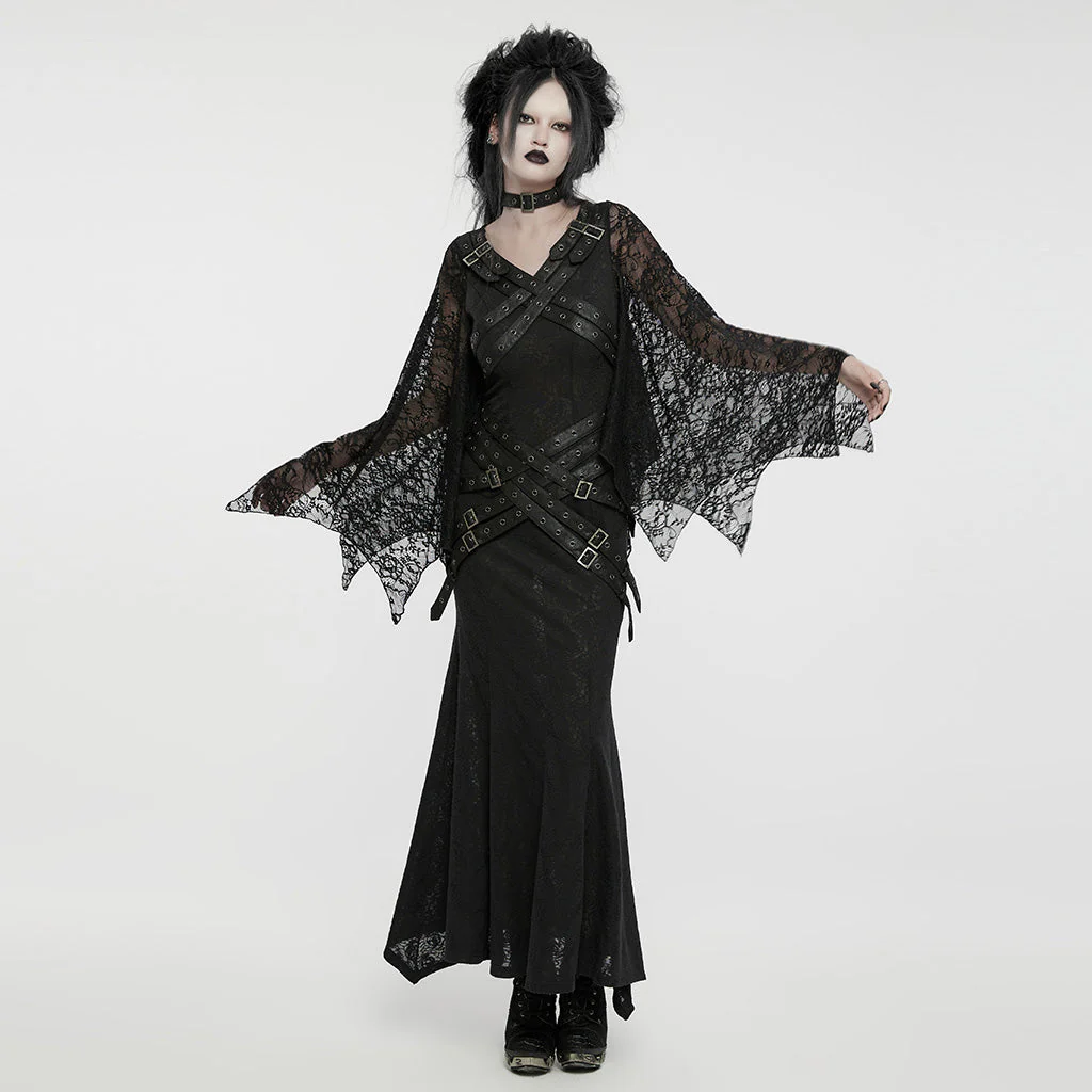 WQ-746LQF Gothic Lace Long Dress with Dramatic Batwing Sleeves - Image 5