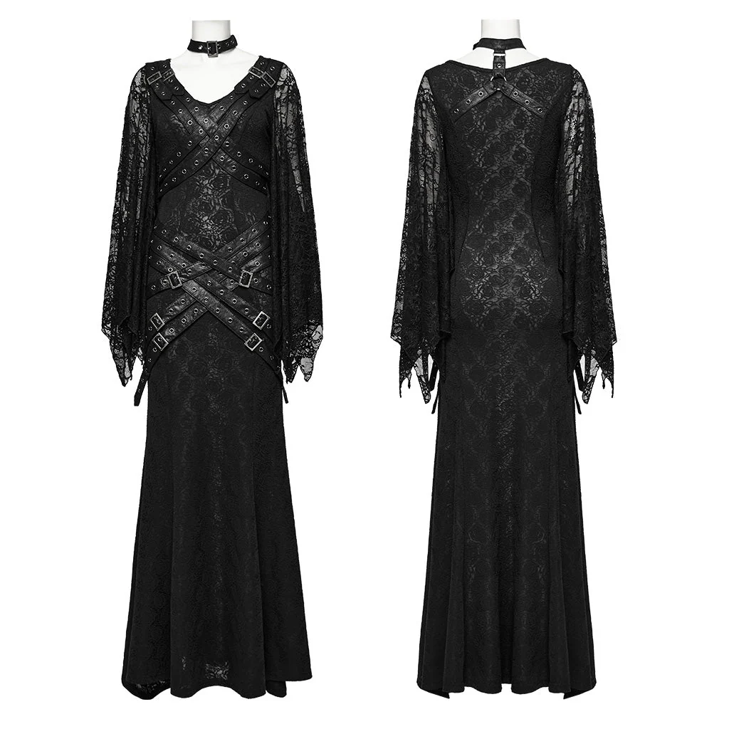 WQ-746LQF Gothic Lace Long Dress with Dramatic Batwing Sleeves - Image 6