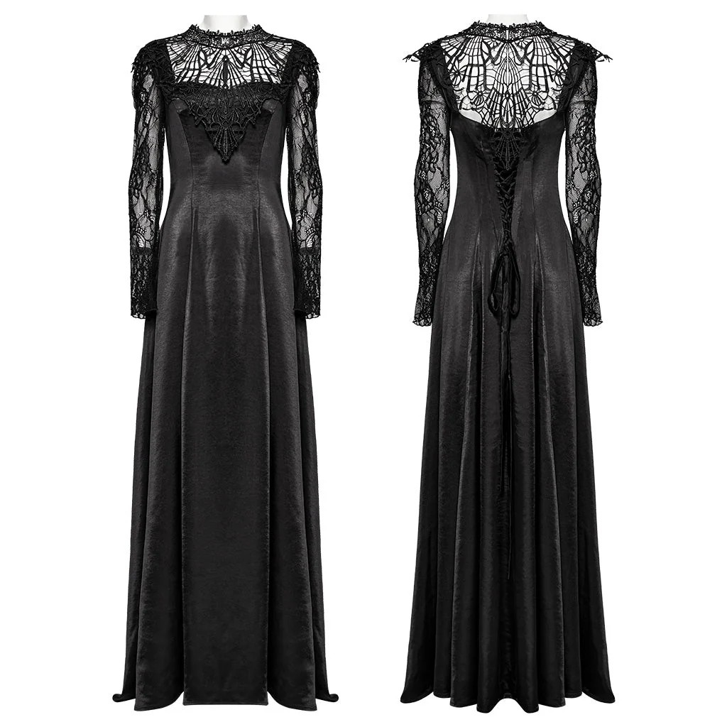 WQ-748LQF Elegant Gothic Lace Long Sleeve Black Dress - Image 16