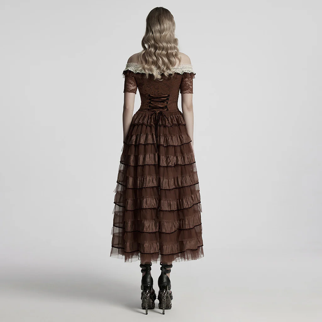 WQ-754LQF Victorian Layered Gothic Dress Off-Shoulder Lace Trimmed Gown - Image 4