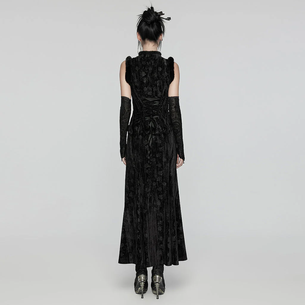 WQ-756LQF Velvet Gothic Dress with Lace Details and High Slit - Image 14