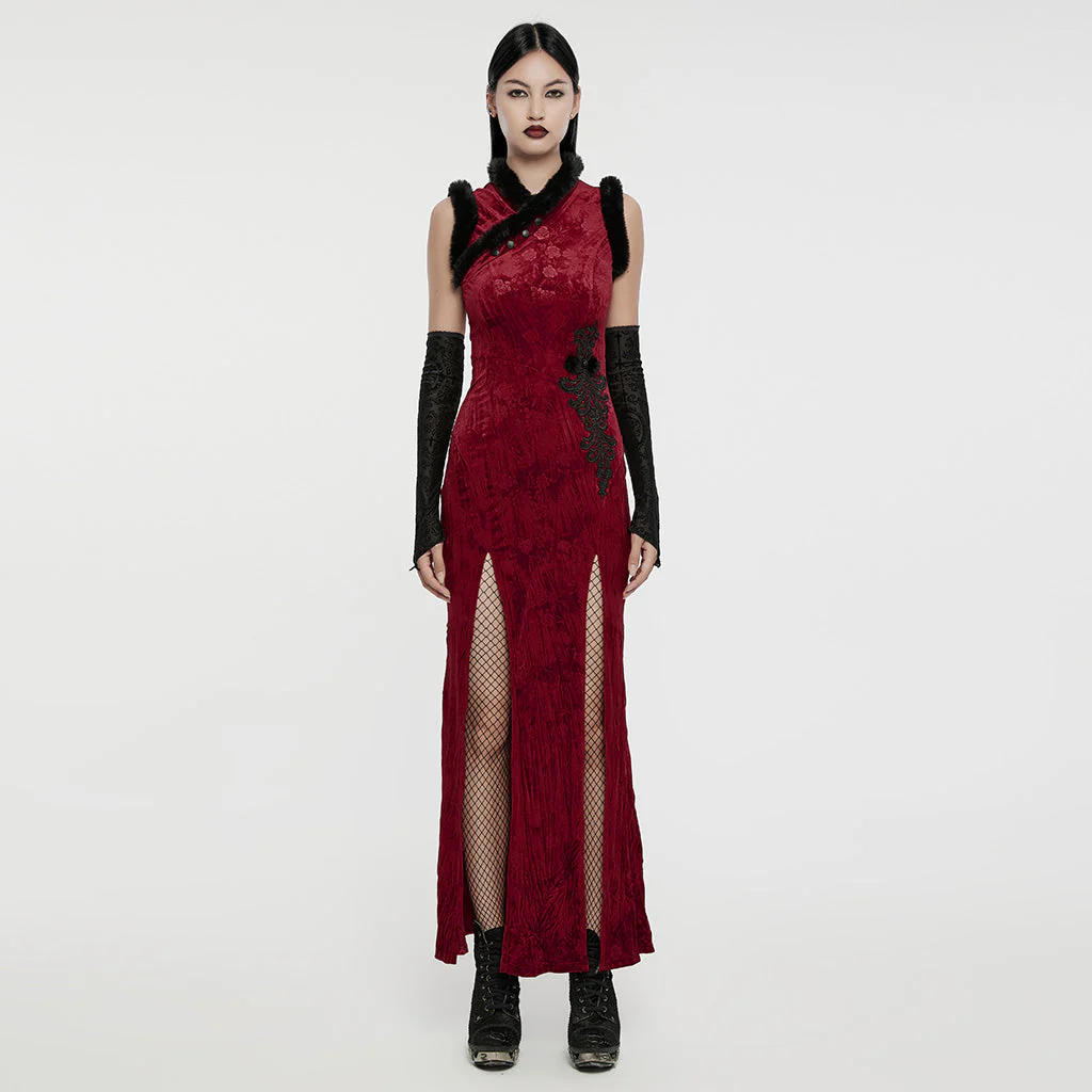 WQ-756LQF Velvet Gothic Dress with Lace Details and High Slit - Image 20