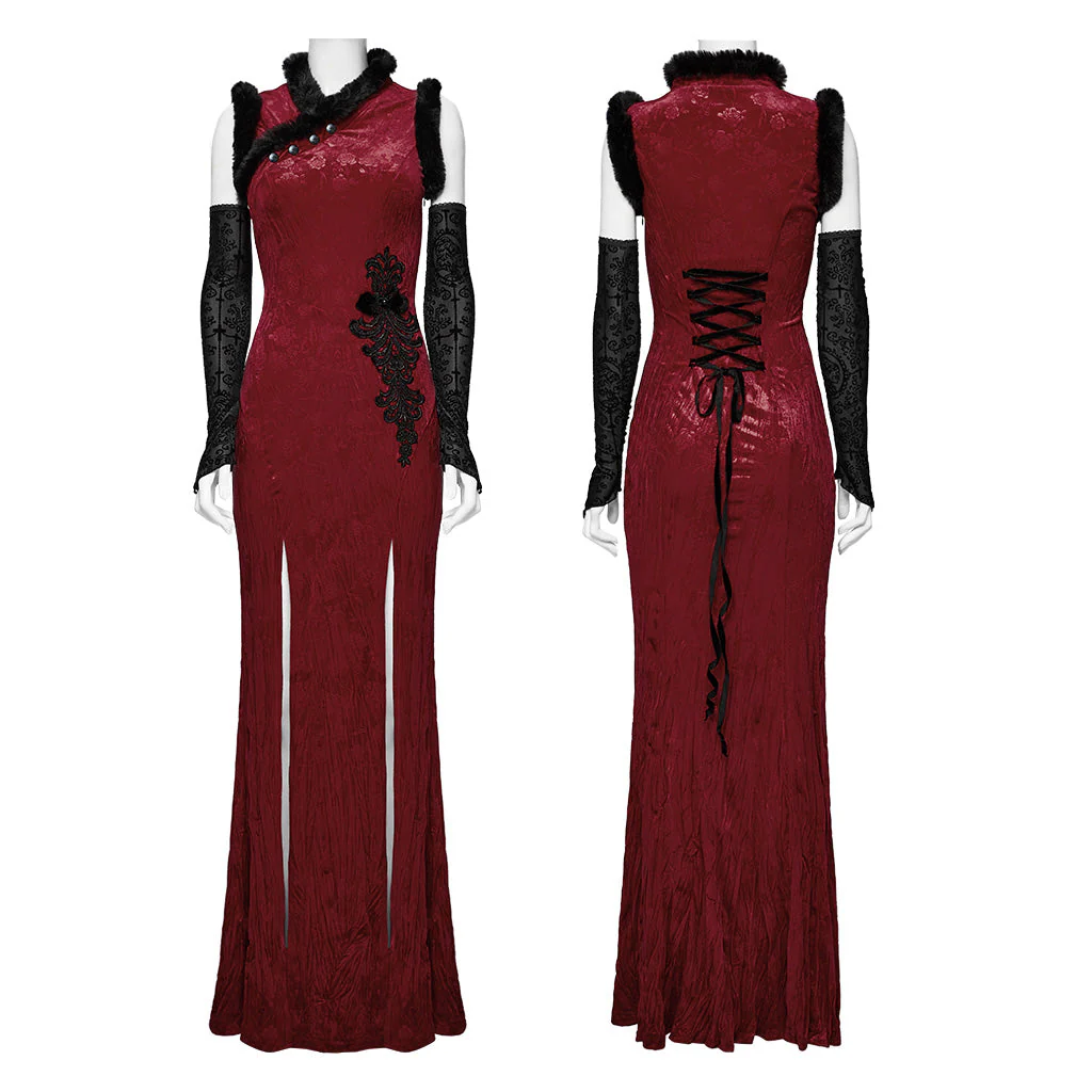 WQ-756LQF Velvet Gothic Dress with Lace Details and High Slit - Image 24