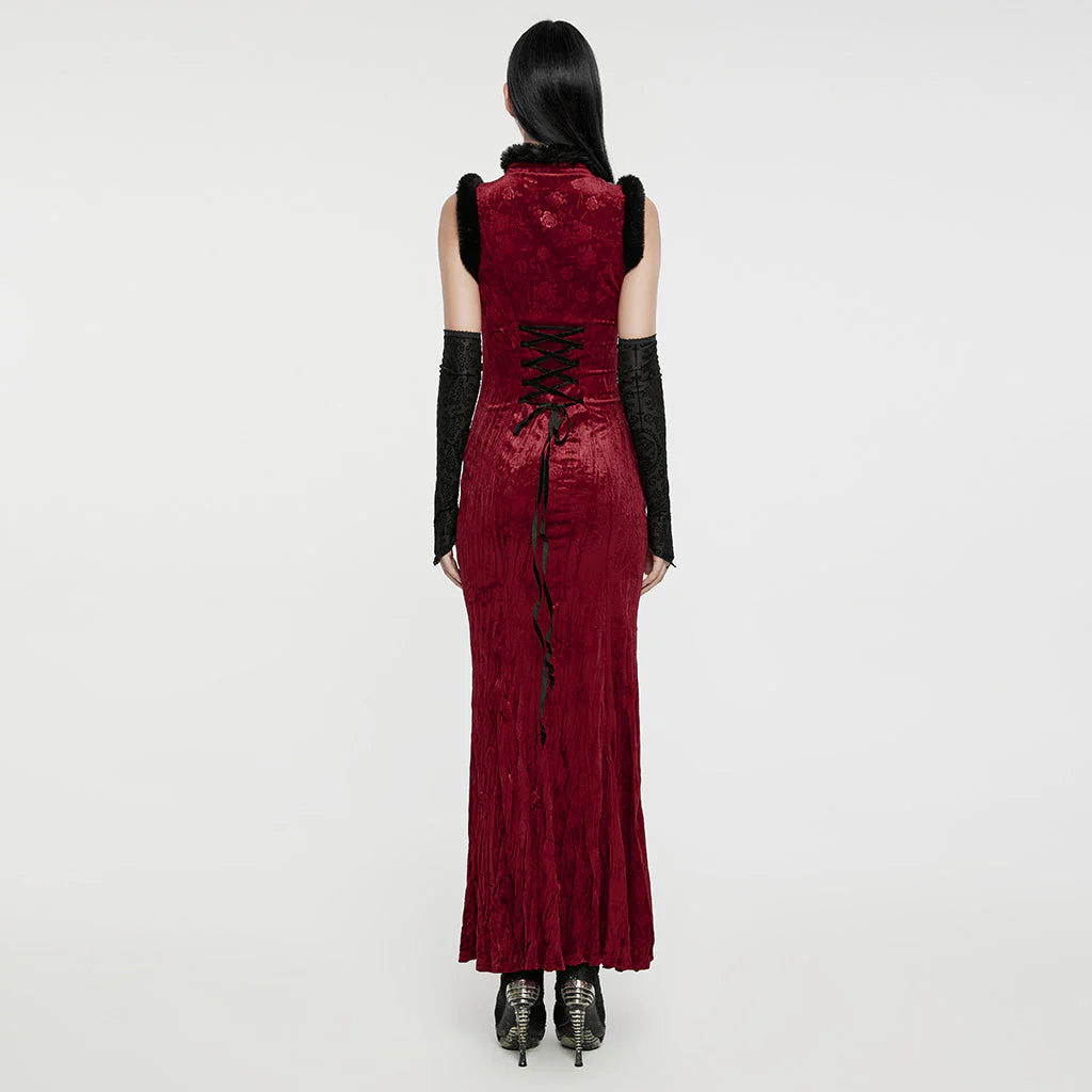 WQ-756LQF Velvet Gothic Dress with Lace Details and High Slit - Image 4