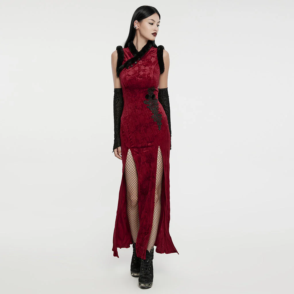 WQ-756LQF Velvet Gothic Dress with Lace Details and High Slit - Image 5