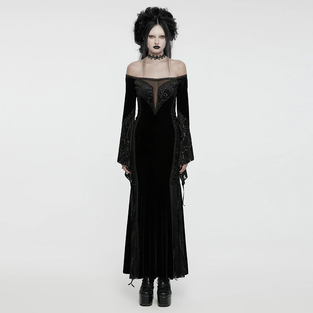 WQ-761LQF Velvet Lace Trim Gothic Off-Shoulder Long Black Dress - Image 11