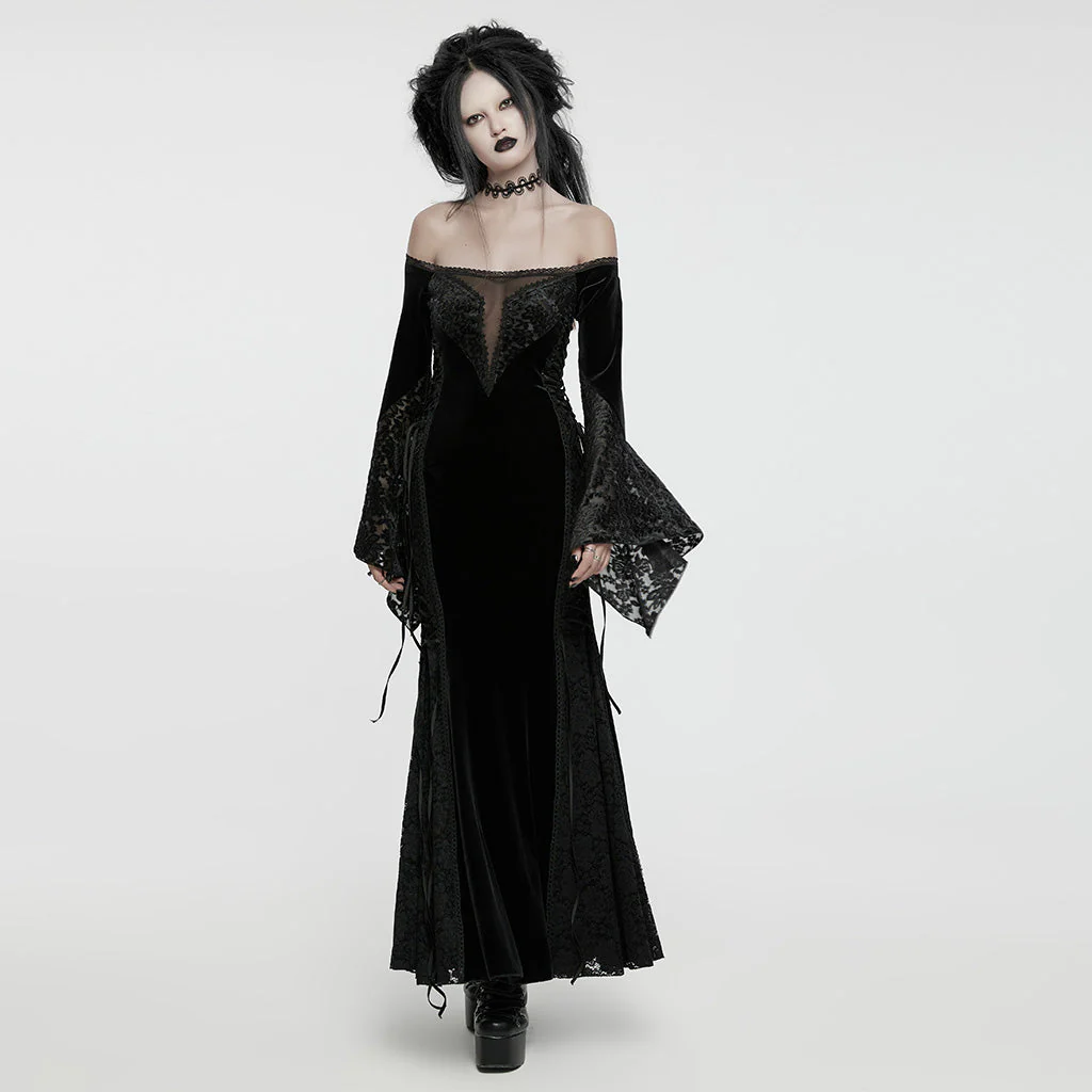 WQ-761LQF Velvet Lace Trim Gothic Off-Shoulder Long Black Dress - Image 15