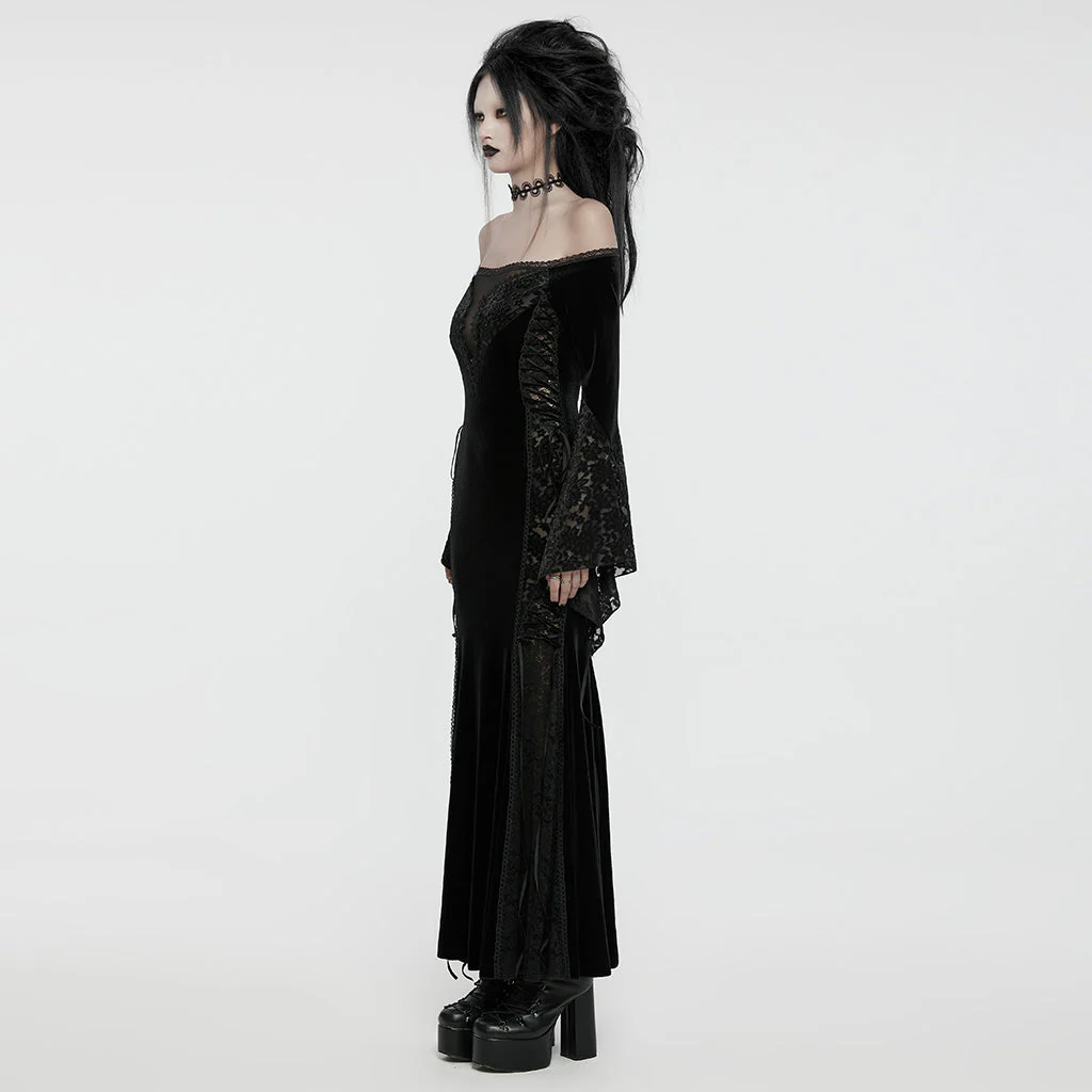 WQ-761LQF Velvet Lace Trim Gothic Off-Shoulder Long Black Dress - Image 3