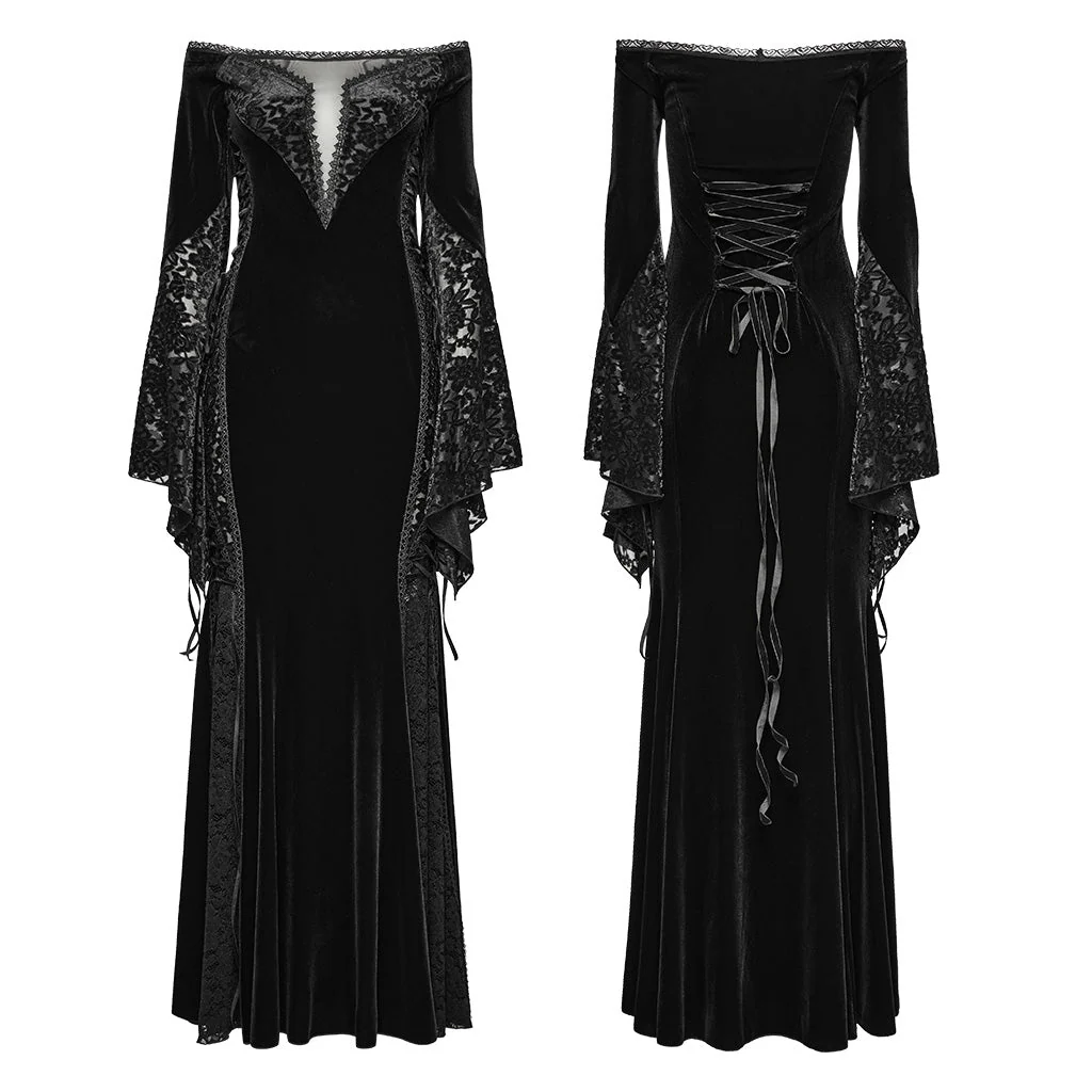 WQ-761LQF Velvet Lace Trim Gothic Off-Shoulder Long Black Dress - Image 6