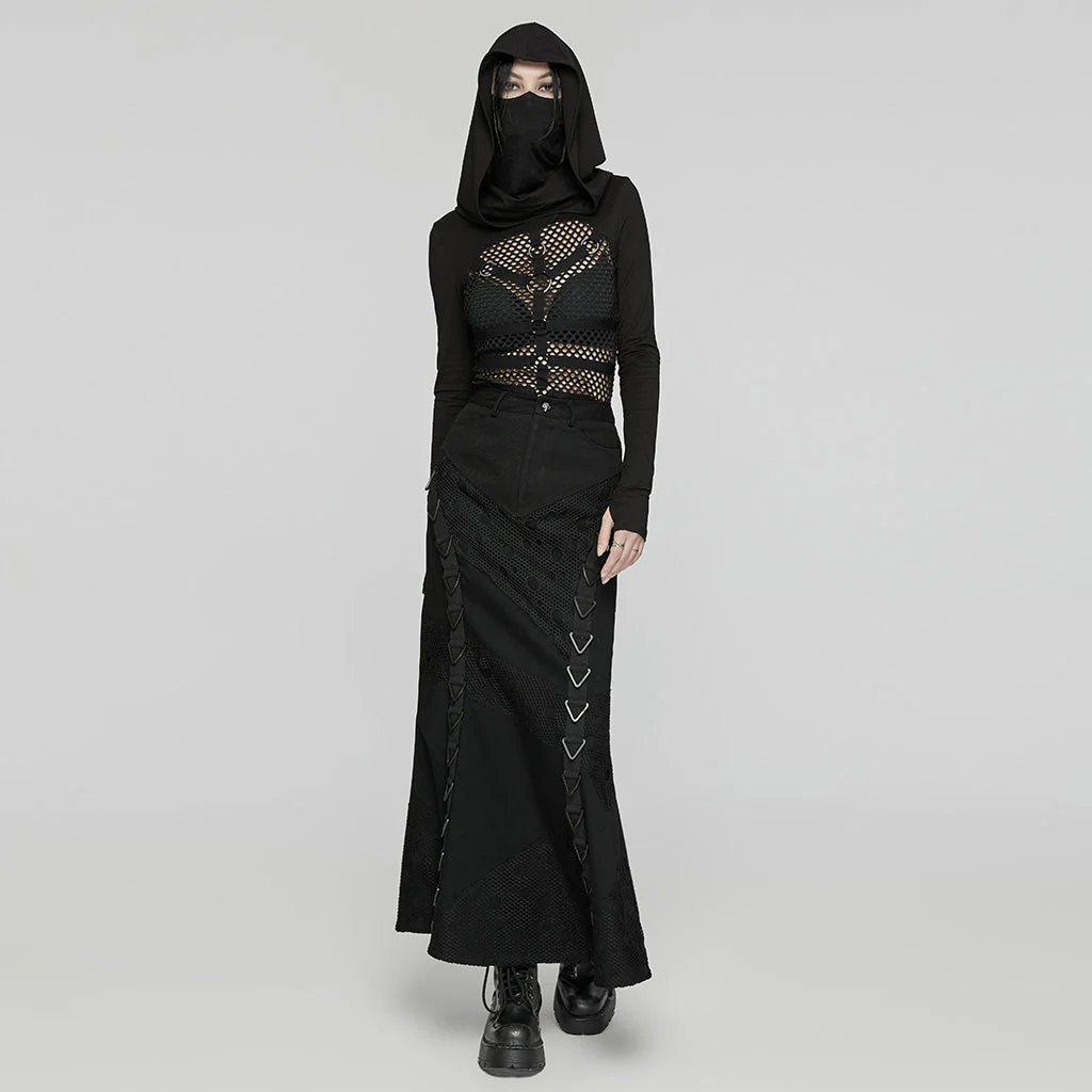 WQ-762BQF Gothic Black Punk Skirt with Mesh Lace Detailing - Image 5