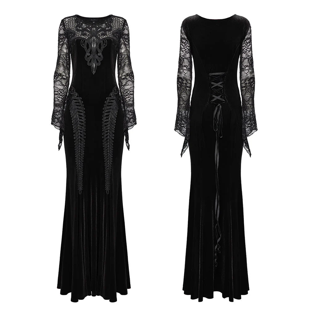 WQ-763LQF Elegant Gothic Velvet Dress with Lace Sleeves and Corset Back - Image 17